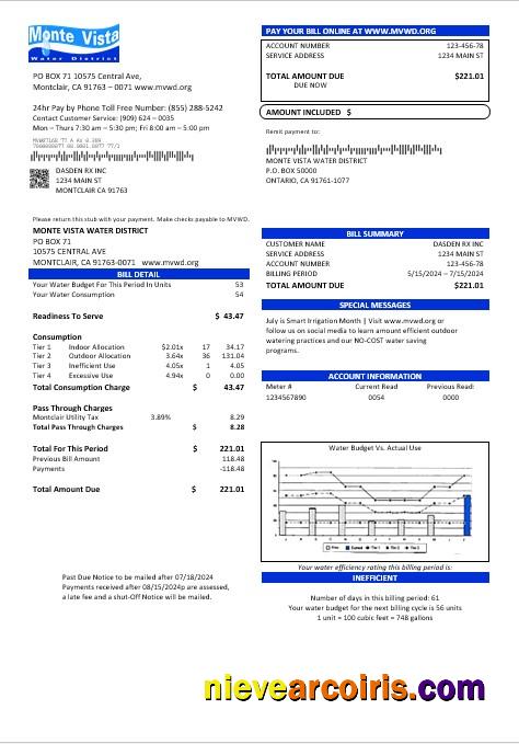 USA California Monte Vista Water District business utility bill